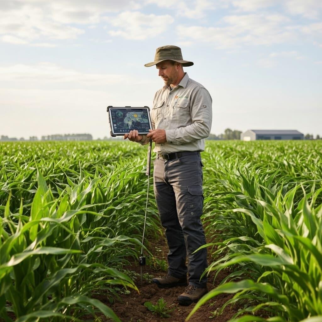 Farm technician with field sensor beside crops